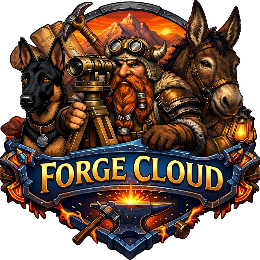 The Forge Crew crest: a red-bearded dwarf surveyor at a brass transit, a black Belgian Malinois and a brown donkey above a FORGE CLOUD plaque and anvil